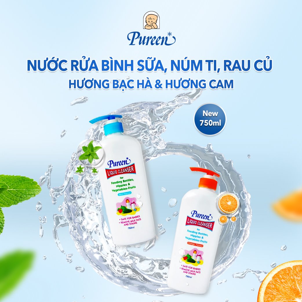 Nước rửa bình sữa, núm ty & rau củ Pureen hương Cam - An toàn cho Bé - 750ml