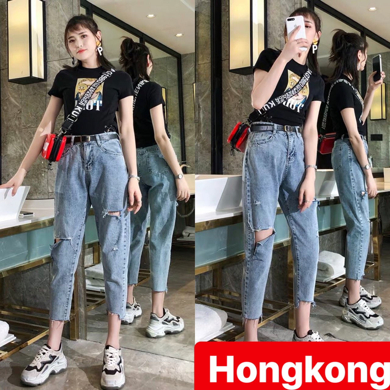 QUẦN JEAN BAGGY NỮ CHẤT BÒ XANH RÁCH PHONG CÁCH QUẢNG CHÂU LƯNG CAO NÂNG MÔNG DB-01 - HONG KONG FASHION