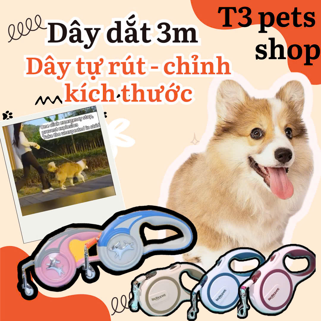 Dây dắt tự động dài 3m cho chó mèo - T3 PETS SHOP