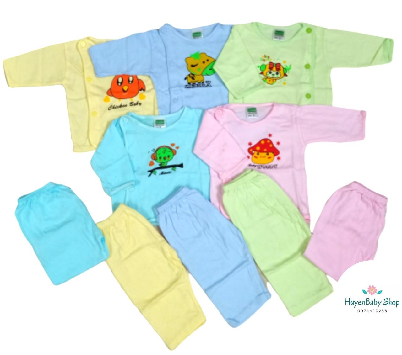 Set 5 bộ quần áo sơ sinh dài tay màu, cúc lệch cho bé từ sơ sinh đến 11,5kg