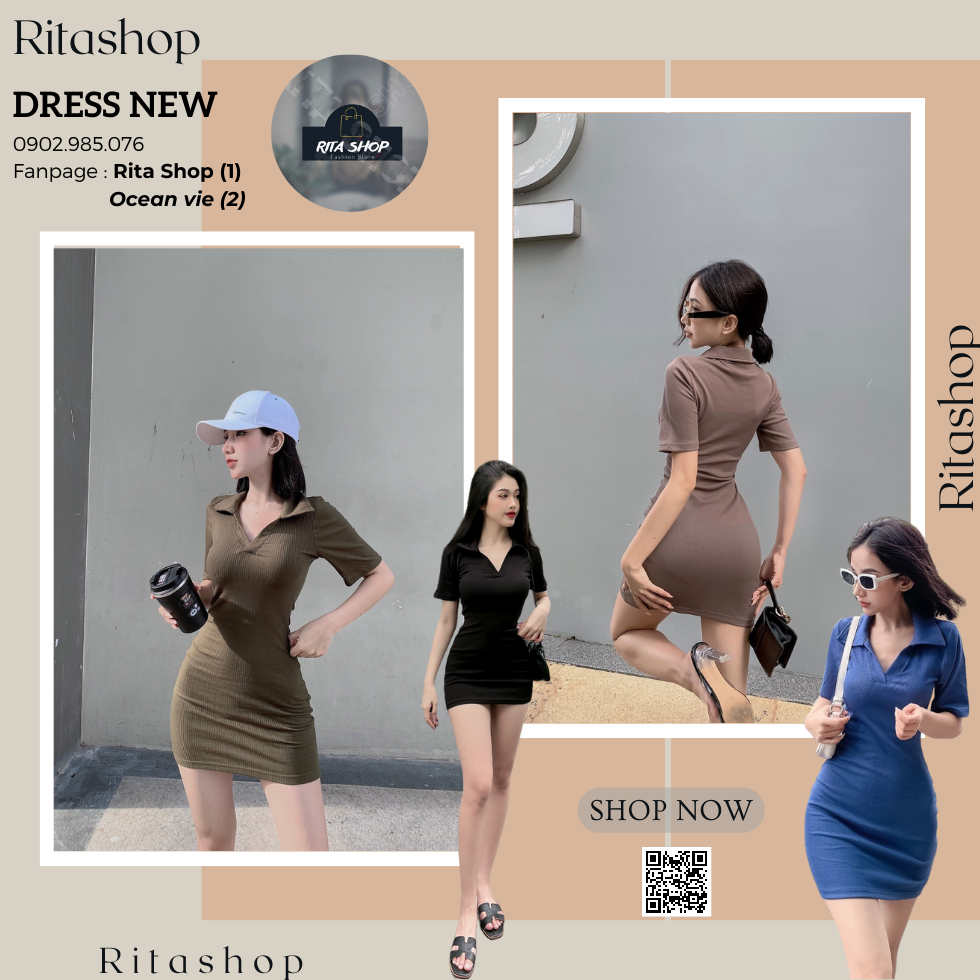 Đầm Body con Basic cổ bẻ tay ngắn chất Gân