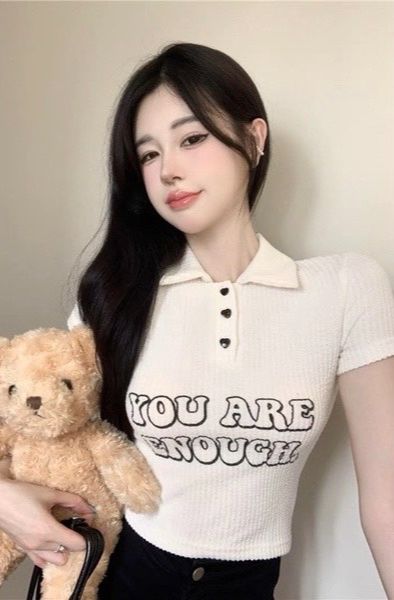Áo croptop tay ngắn in logo you are cực dễ thương au9 / áo thun nữ tay ngắn cổ sơ mi cực xinh