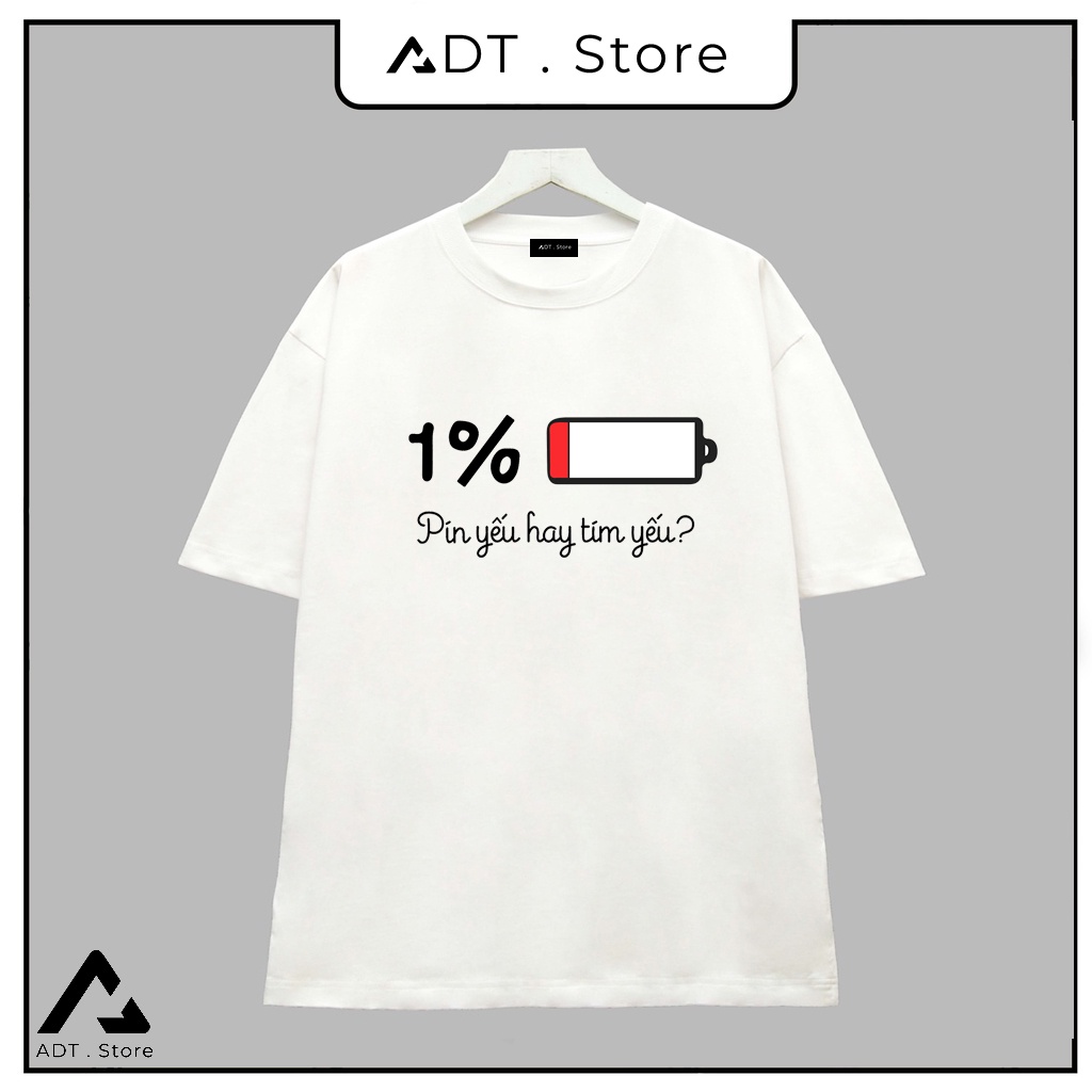Áo thun đôi nam nữ - mẫu áo in hình pin yếu hay tim yếu - low battery - áo trắng - đen chất thun | level up store