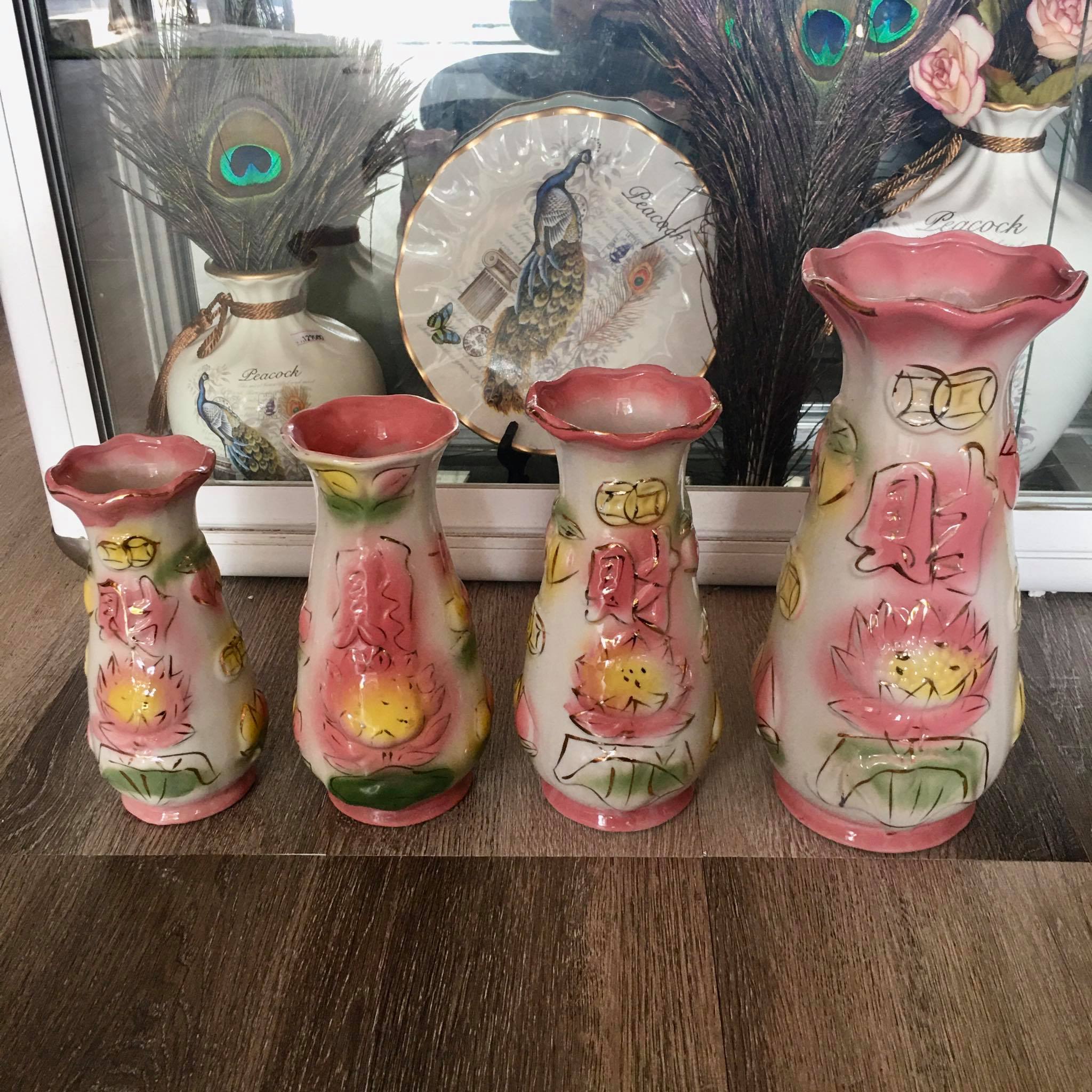 Bình hoa bàn thờ sứ màu hồng sen chữ Phúc(3 size) ,bình cắm bông - thờ cúng