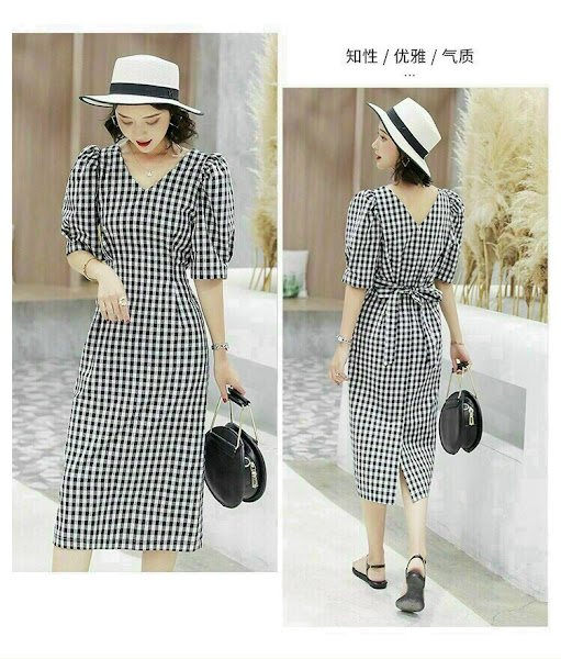 [HCM]ĐẦM CARO EO THẮT NƠ CỔ V TAY PHỒNG