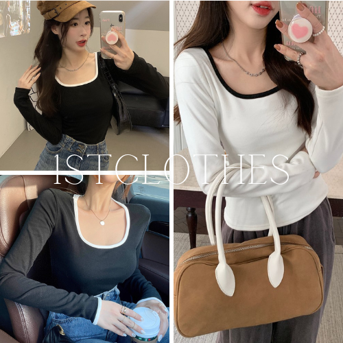 Áo phông dài tay viền cổ trơn 1STCLOTHES, áo dáng ngắn croptop tôn dáng hottrend 2023 thu đông