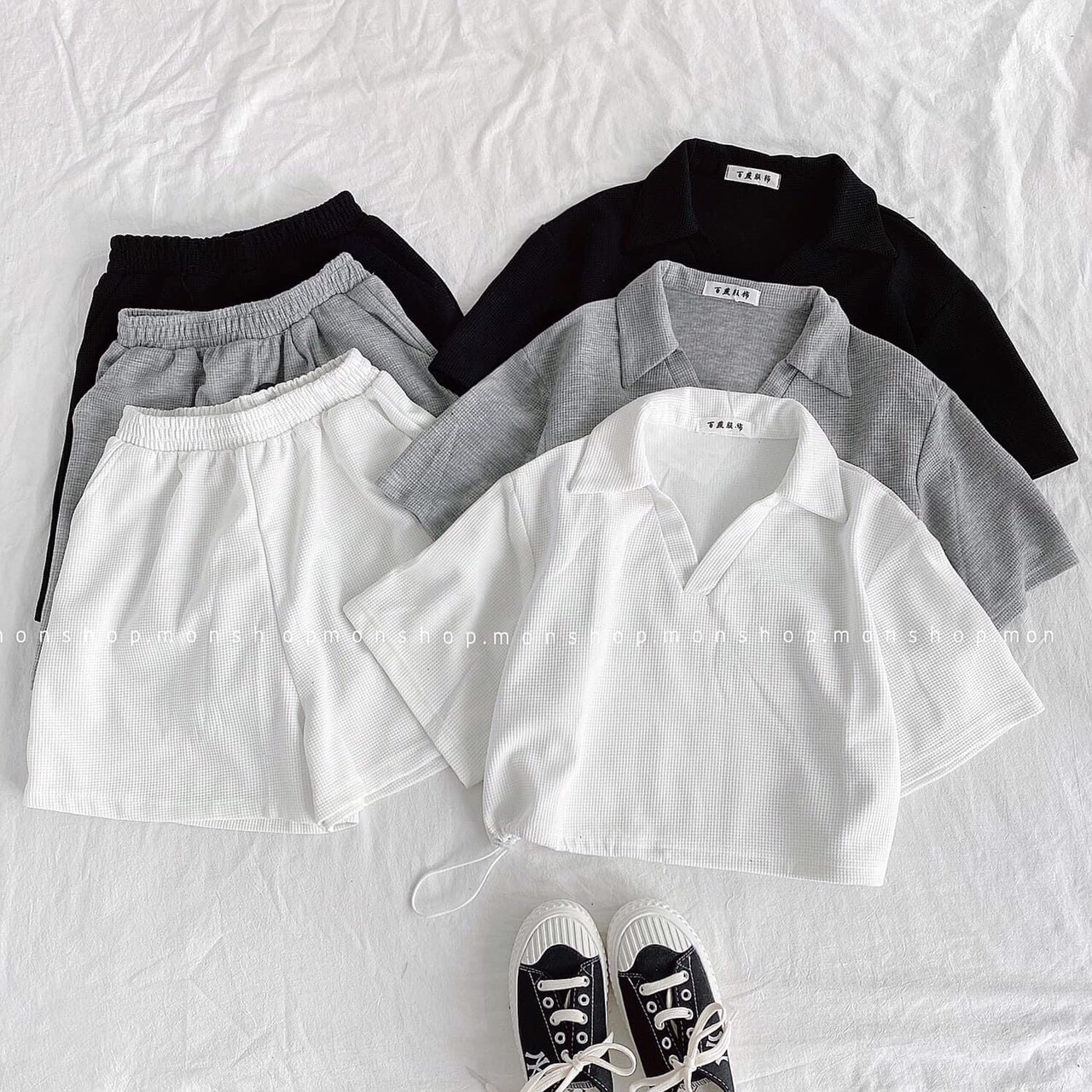 SÉT BỘ ÁO CROPTOP RÚT EO TAY LỬNG MIX QUẦN