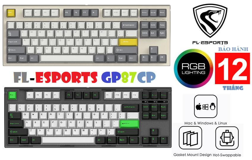 Bàn phím cơ FL-Esports GP87CP RGB/ Hotswap/ Gasket Mount/ Gateron Pro switch/ BH 12 tháng