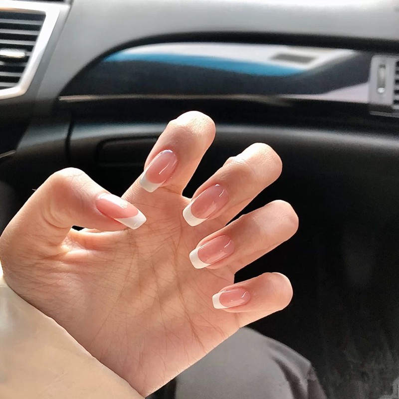 Bộ 24 móng tay giả nailbox trong viền trắng 💖💖 sẵn keo dán 💖💖
