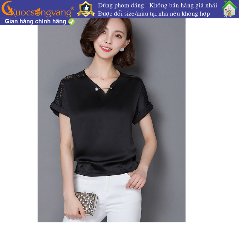 Áo lụa nữ gấu thun cổ v ngắn tay phối ren Queenbe GLA113