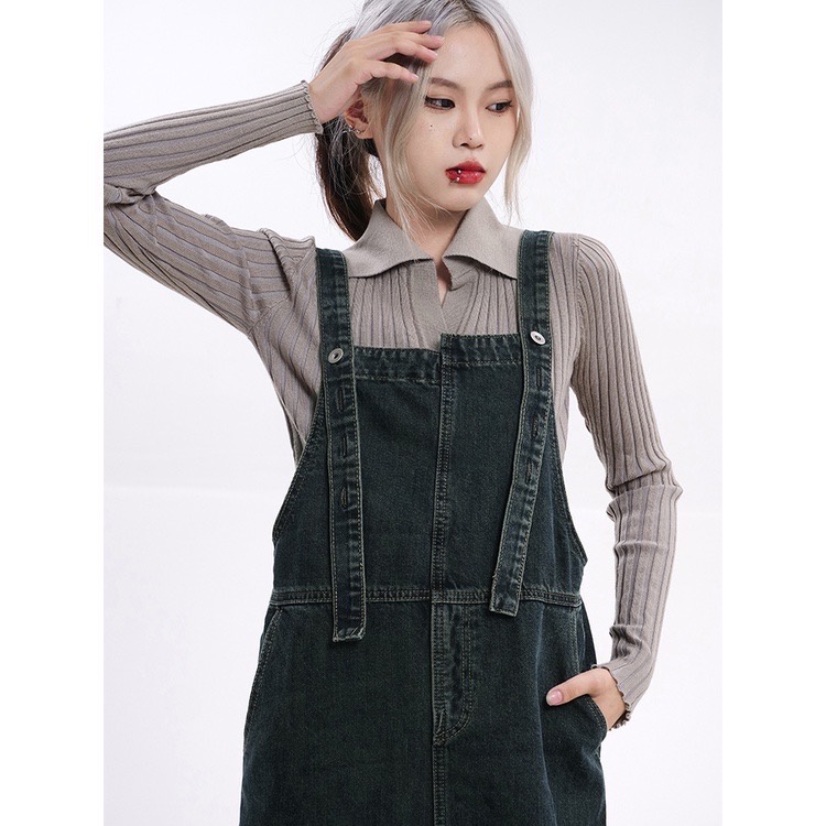 Váy Yếm Jean Basic Dáng Dài Vintage 2023 .