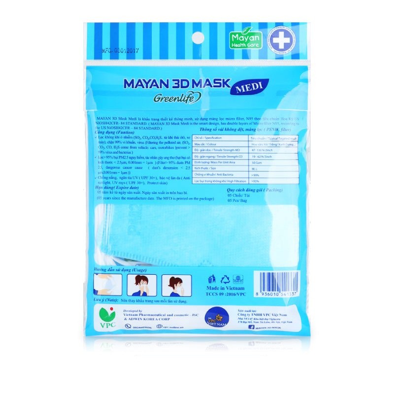 Khẩu Trang Mayan 3D Mask (Túi 5 Cái)