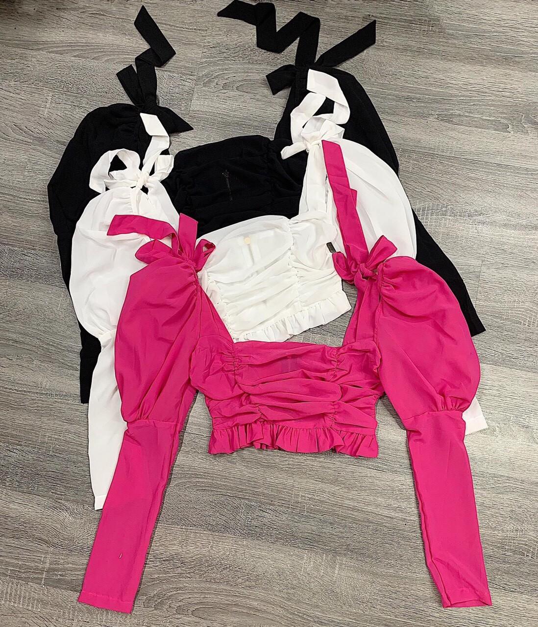 [HCM]Áo kiểu nử nhún eo viền tà bèo cổ vuông tay dài thời trang xuân hè Av95