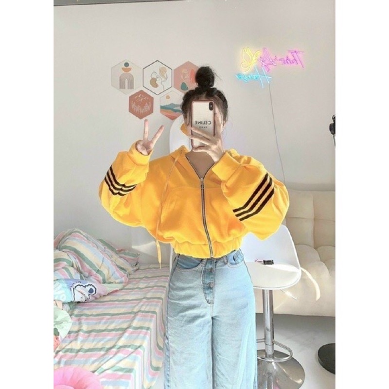 [Bigsize] Áo khoác nỉ tay phồng phối sọc from lững (Hình thật)