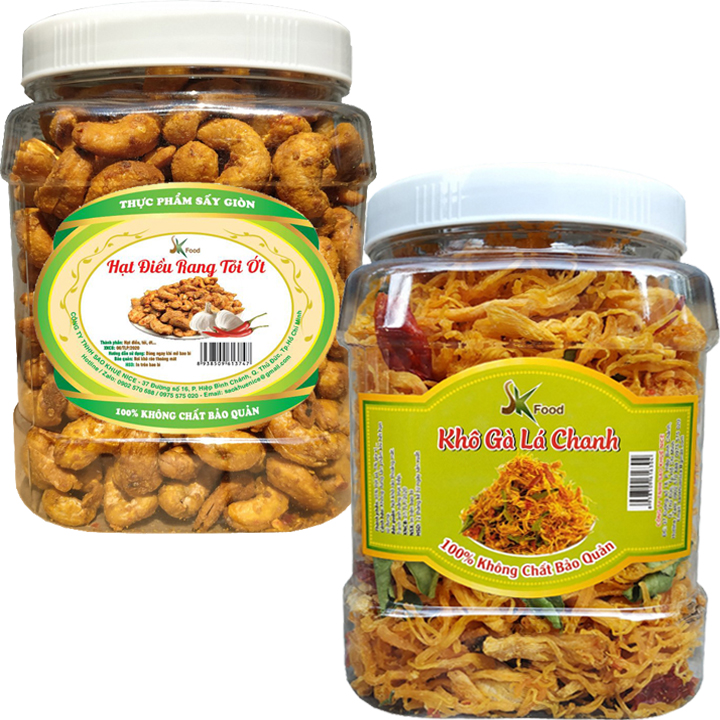 500G HẠT ĐIỂU RANG TỎI ỚT VÀ 500G KHÔ GÀ LÁ CHANH THƯƠNG HIỆU SK FOOD