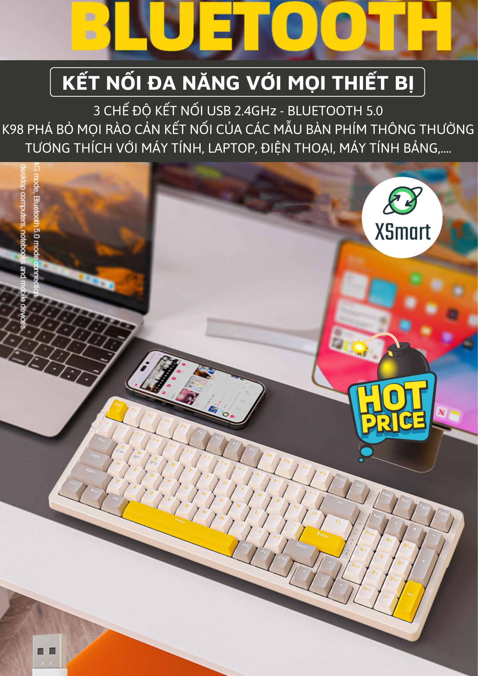 Bàn Phím Cơ Bluetooth Không Dây K96BT Cao Cấp Có HOTSWAP Lót Foam Tiêu Âm, Trục Red Switch