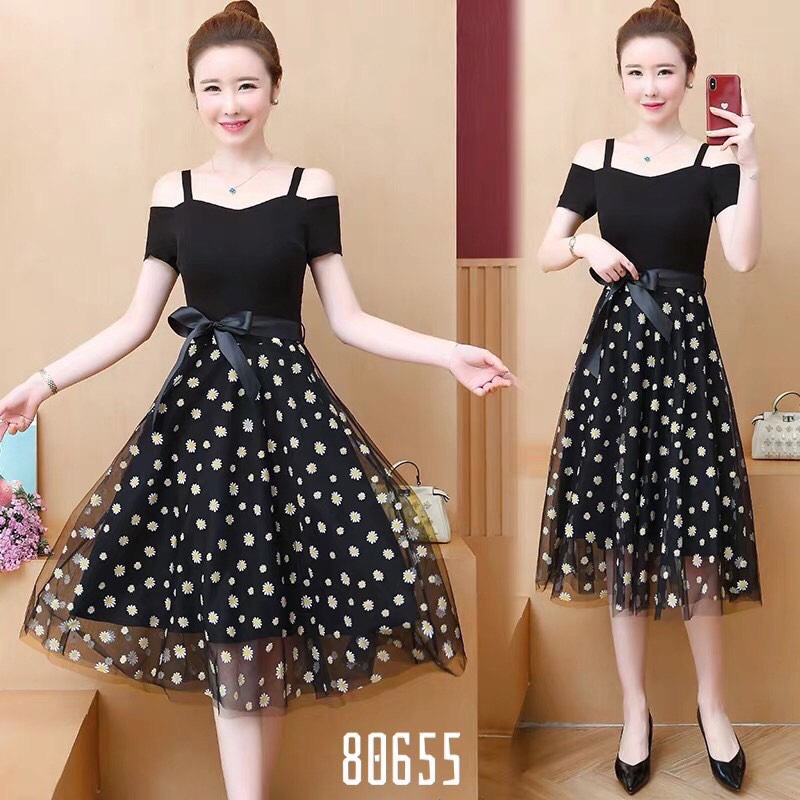 [HCM][HOT] Đầm Umi Kiểu 2 Dây Phối Lưới Hoa Cúc Có Nơ Thắt Eo Cực Dễ Thương .TH