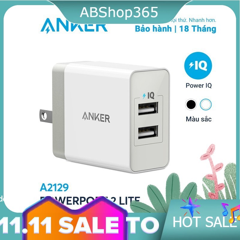 [FREESHIP]Sạc ANKER PowerPort 2 Lite 2 cổng PowerIQ 12W - A2129 - hàng chính hãng - Củ sạc iphone