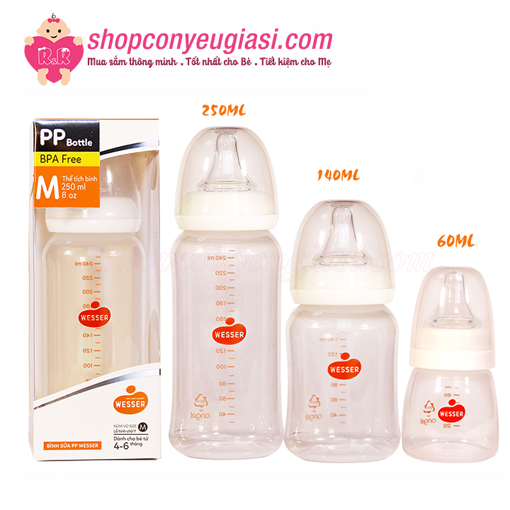 [HCM][Mẫu Mới] Bình Sữa Wesser PP Cổ Hẹp 60ml / 140ml / 250ml