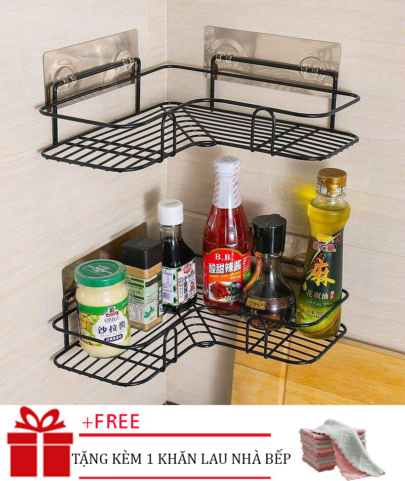 [ TẶNG KHĂN LAU NHÀ BẾP ] Kệ góc treo dán góc tường nhà tắm nhà bếp không cần khoan vít (2 miếng dán 4 chỗ gài)- ke goc dan tuong- kệ treo tường nhà tắm nhà bếp ( màu đen )