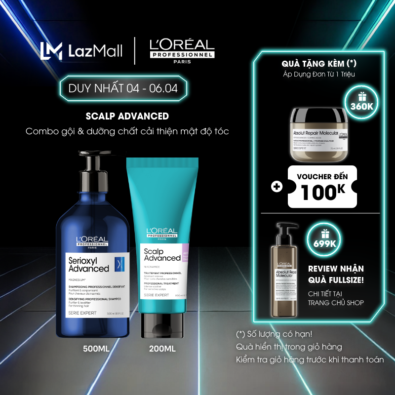 Combo làm sạch & giúp cải thiện mật độ tóc L'Oréal Professionnel Scalp Advanced - Dầu gội 500ml, Dưỡng chất 200ml