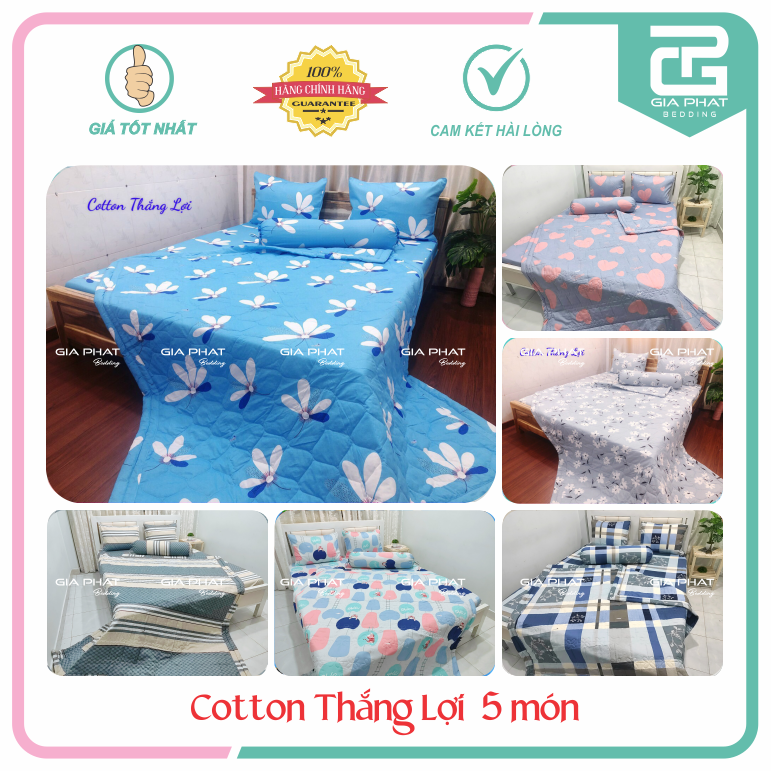 Bộ ga gối Thắng Lợi {5 món} 100% Cotton chuẩn logo ( 1 chăn + 1 ga bọc + 2 vỏ gối nằm + 1 vỏ gối ôm -inbox chọn mẫu )