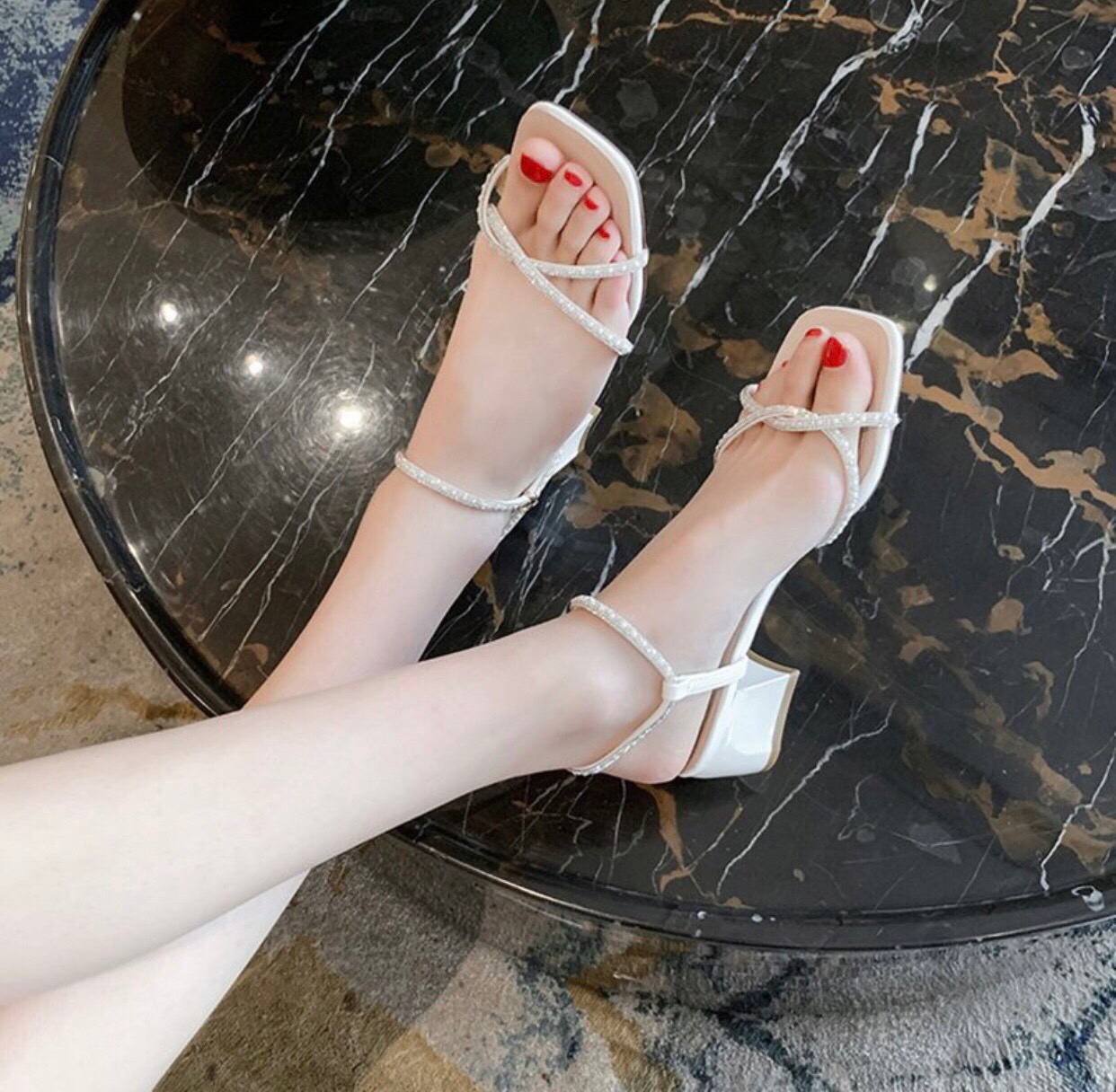Sandal quai mảnh cao gót 5cm quai đính đá