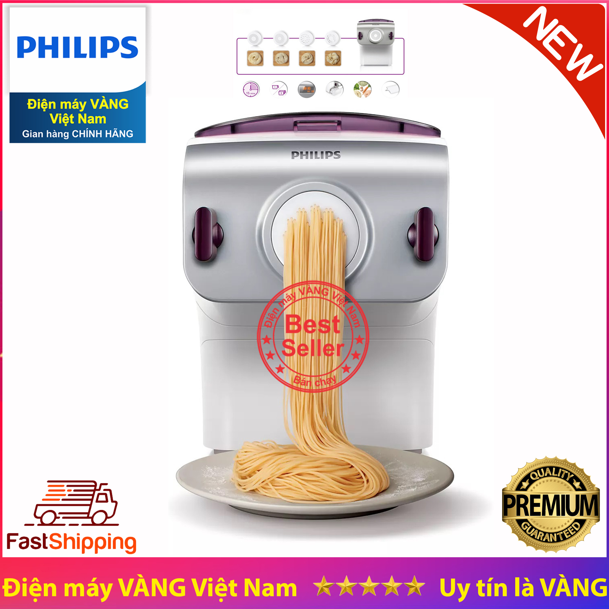 Máy làm mì sợi Philips HR2356 HR2355 (Tím phối xám) - Hàng nhập khẩu