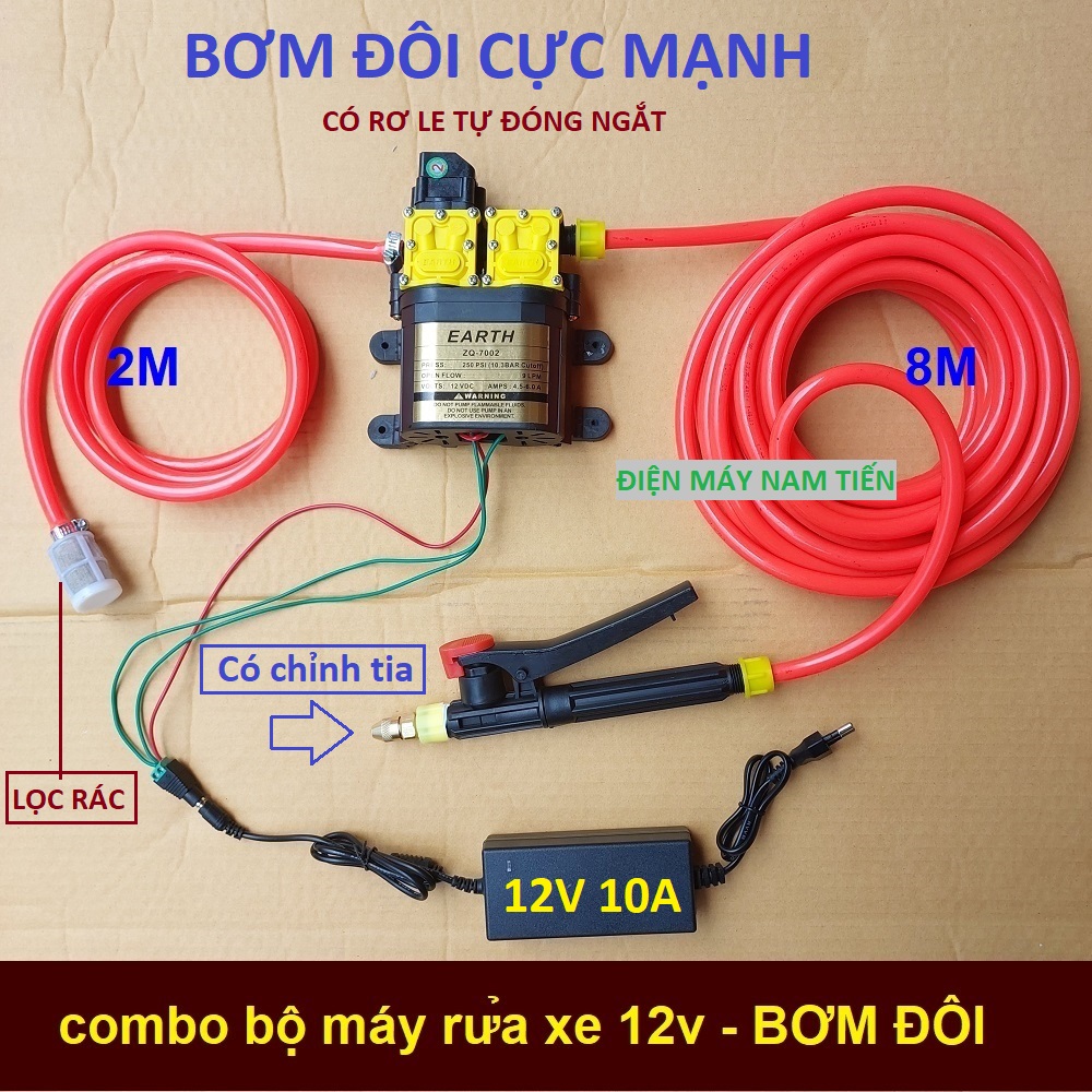 máy bơm rửa xe tăng áp mini, 12V và đổi nguồn 12V 10A - May bom doi 12v