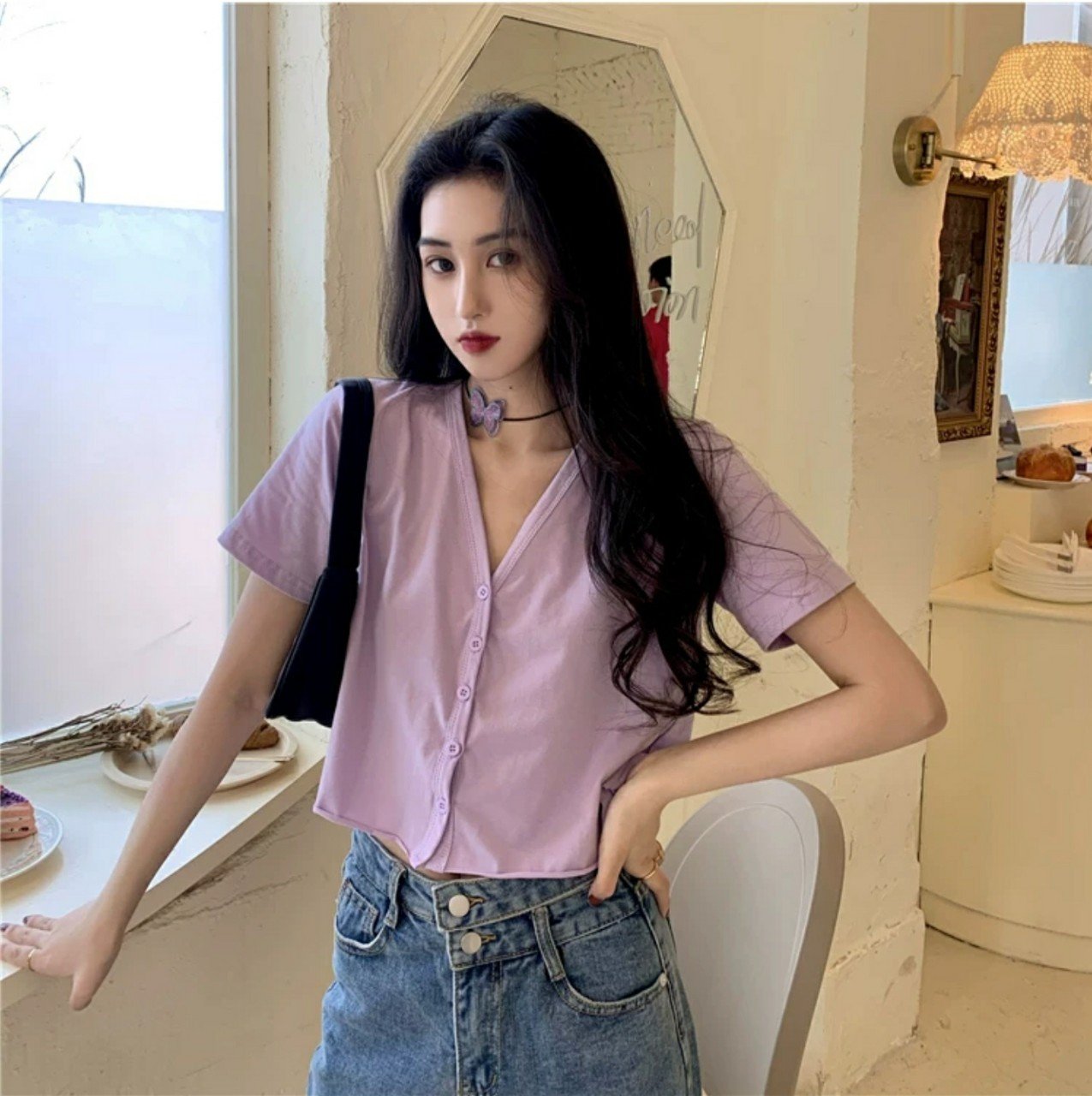 Áo Croptop YUNI Cổ Tim Tay Lỡ Unisex