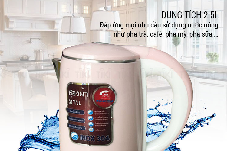 (CHÍNH HÃNG, VIỀN TRẮNG, BH 1-1) Ấm đun siêu tốc 2 lớp, bình đun nước siêu tốc Thái Lan JibLai 2.5 Lít