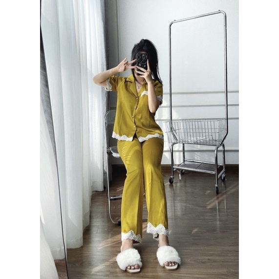 SN846 - BỘ PYJAMA LỤA NỮ CỘC TAY QUẦN DÀI PHỐI REN TRẮNG