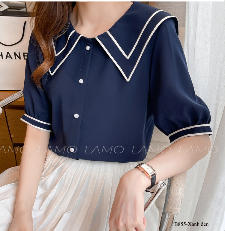 Áo sơ mi nữ đũi phối viền cổ - B855