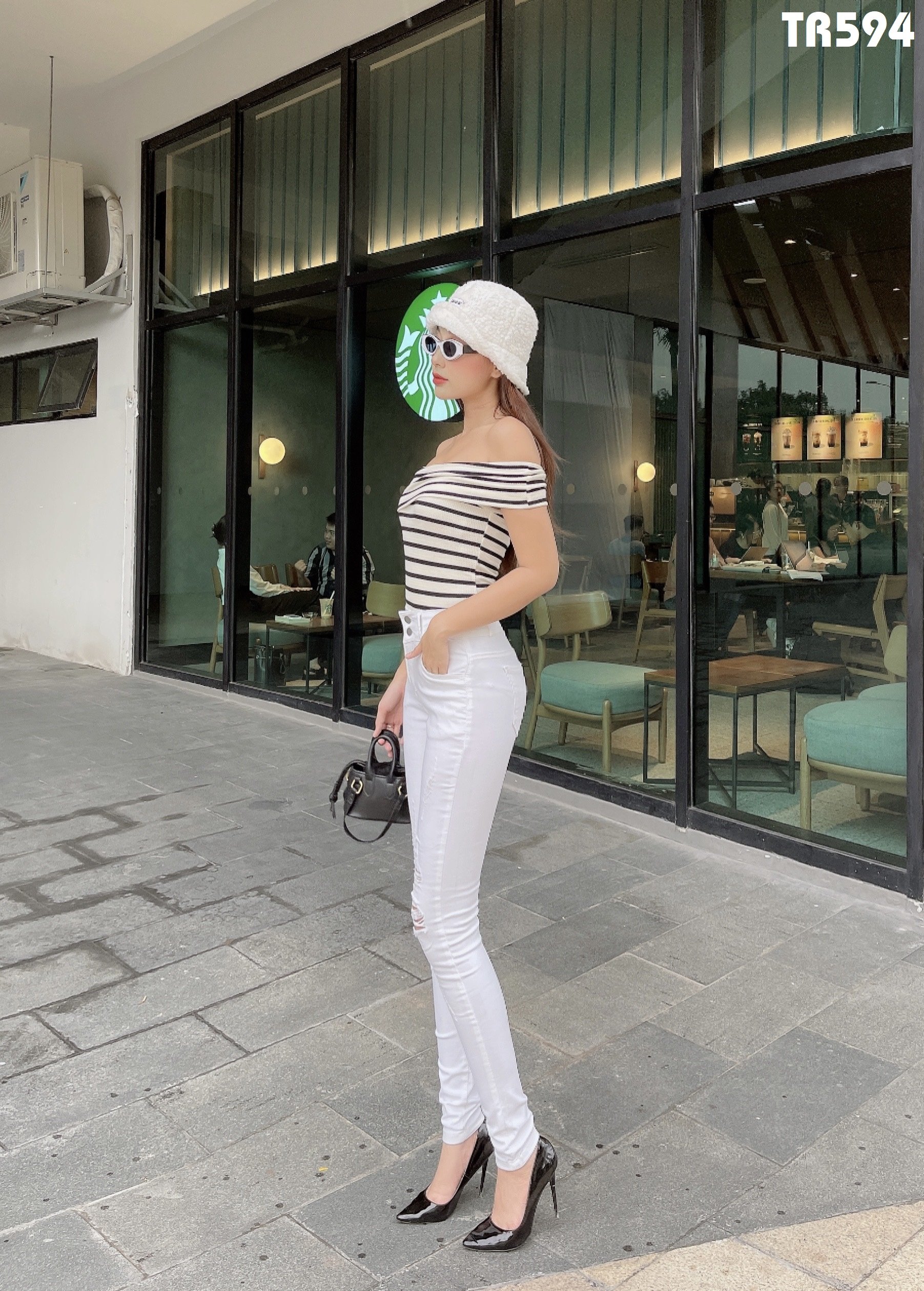 Quần Jeans Nữ Trắng Rách Lưng Cao Co Giãn