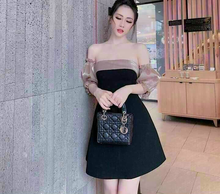 Đầm nữ thời trang mặc đi tiệc, Đầm bánh bèo umi trễ vai phối phi bóng tay lưới váy chữ A cao cấp