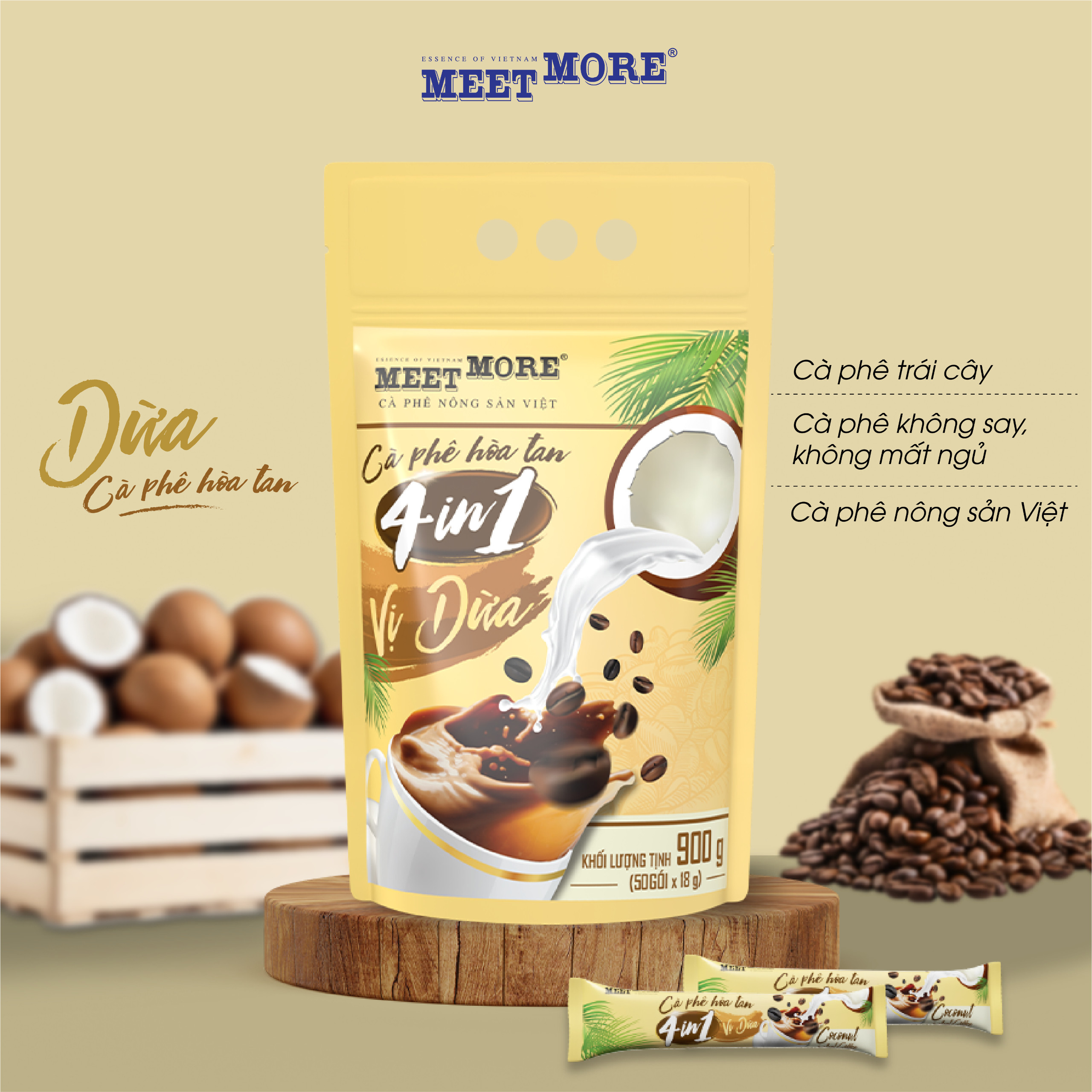 Bịch Cà Phê Hòa Tan 4in1 Vị Dừa Meet More (50 Gói/ 18 Gram) - Cà phê nông sản Việt