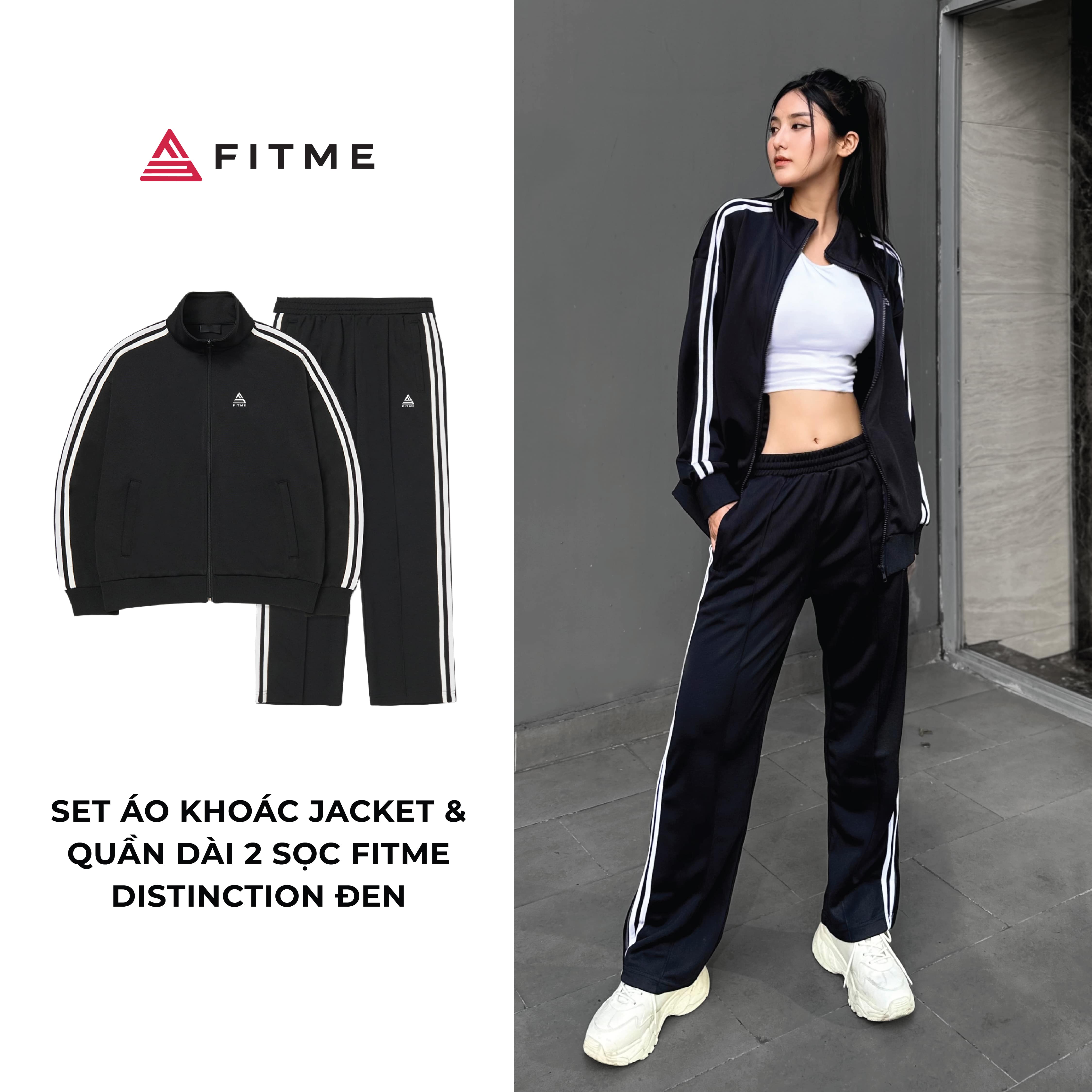 Bộ đồ thể thao Fitme Distinction áo jacket và quần 2 sọc màu Đen nam nữ thun poly dày dặn đứng form