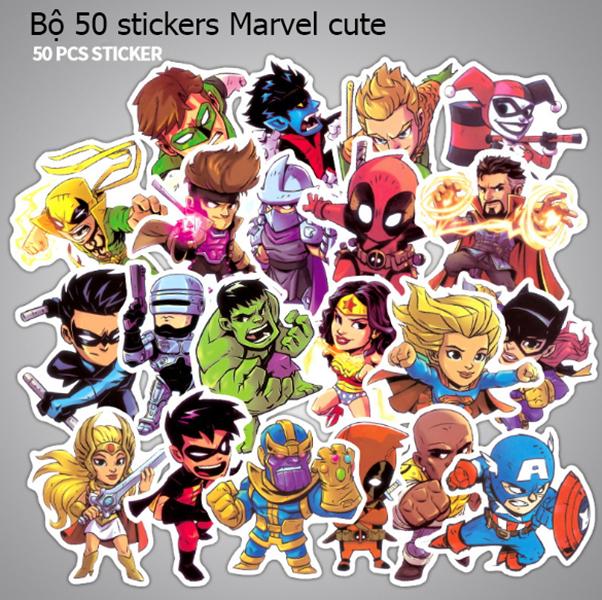 Combo 50 Sticker MARVEL CUTE  ko thấm nước dán Nón BH, laptop, vali, xe,....[016]