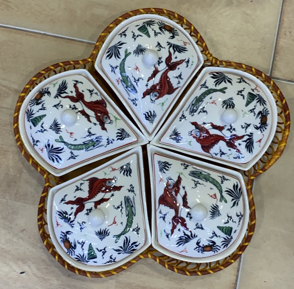 Khay mây gốm sứ 5 khay hình bông hoa