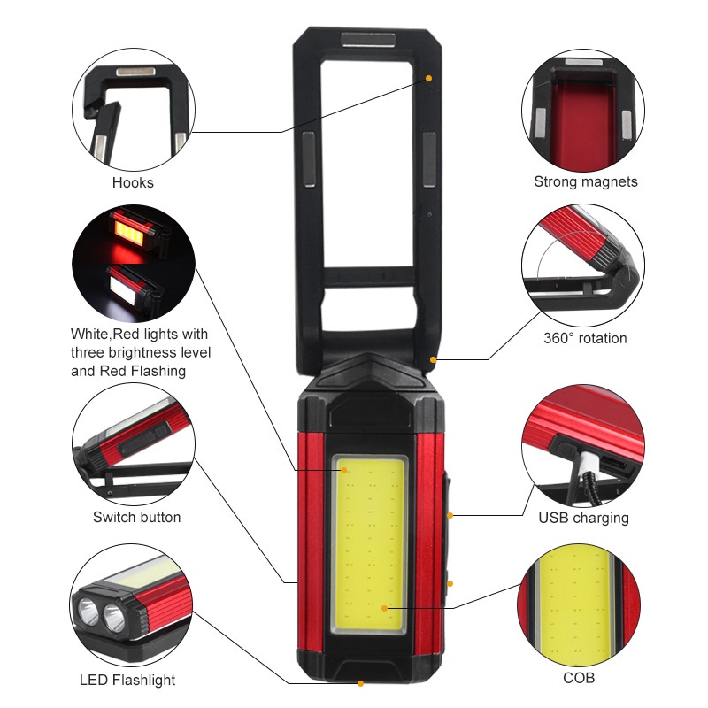 Super bright and practical led USB rechargeable magnetic charging light with magnetic suction clip adjustable LED work light delivery angle fast