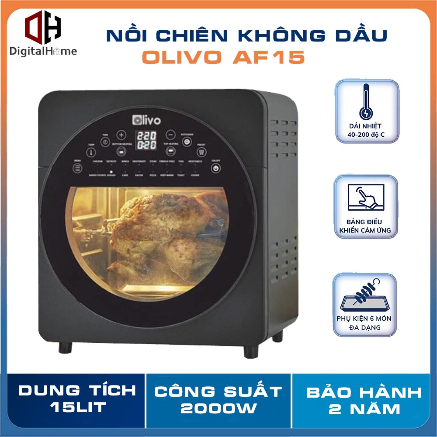 Nồi chiên không dầu olivo af15, 16 chức năng - dung tích 15l - công suất 2000w, hàng chính hãng