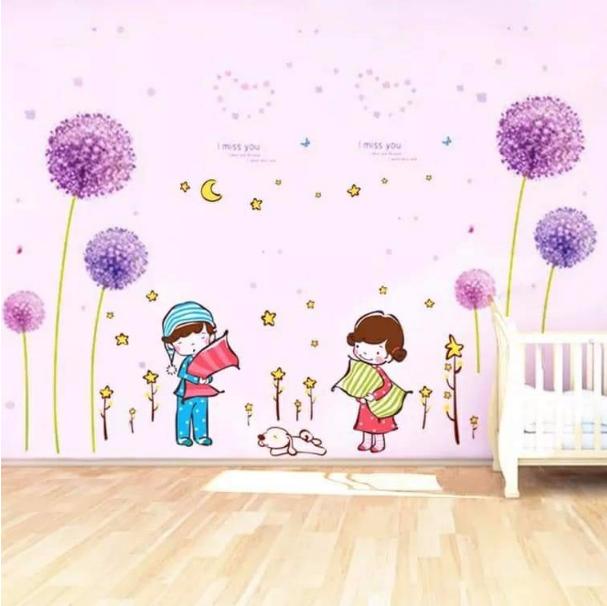 Bộ combo decal ghép đôi trang trí - bồ công anh tím 2 tấm kết hợp gái trái vui vẻ