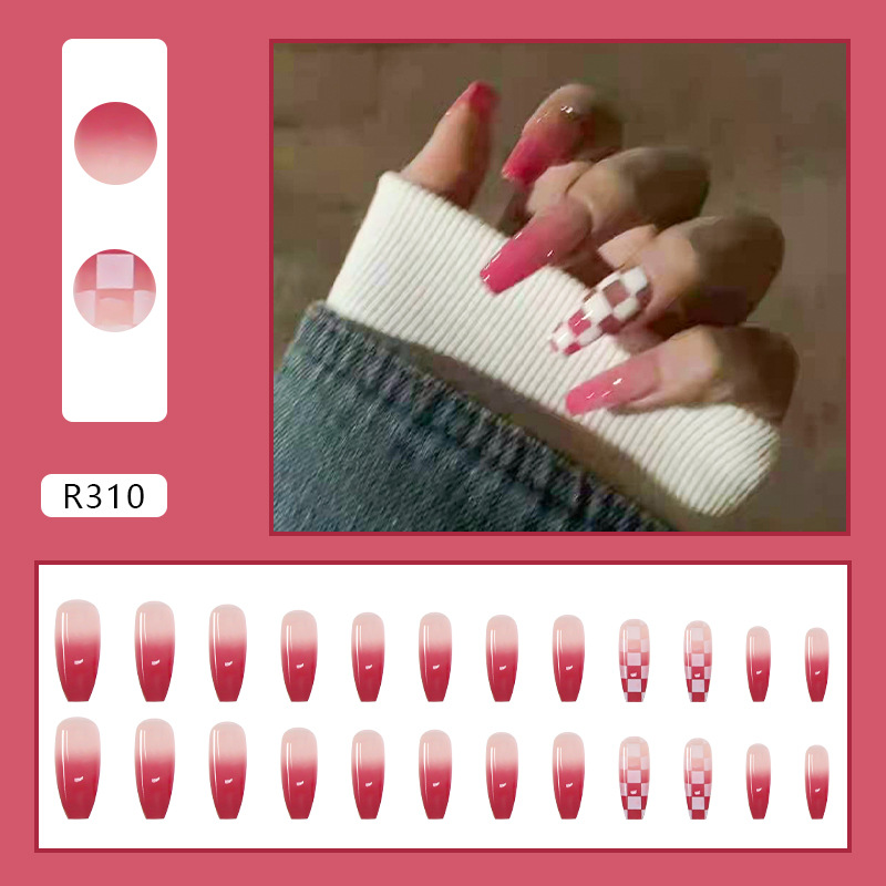 Bộ móng giả | caro trắng hồng | nailbox | 24 móng tay úp móng vuông r310