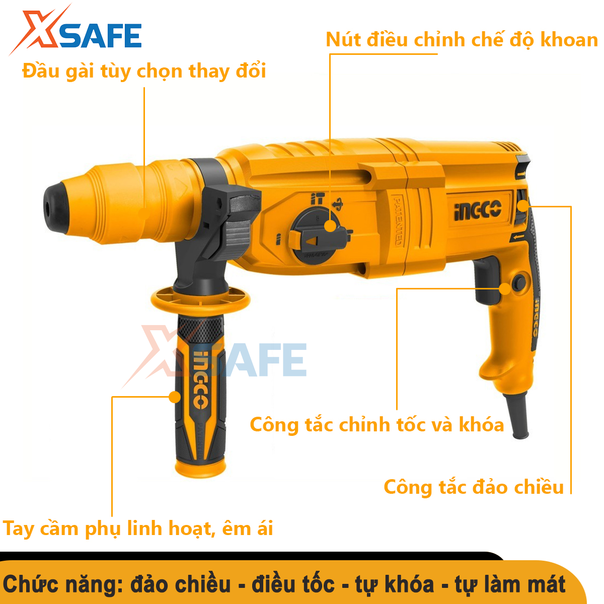 Máy khoan búa cầm tay 3 chức năng Ingco 650-950w đầu gài sds plus, khoan bê tông, khoan sắt, gỗ, tặng kèm mũi khoan máy khoan đục bê tông RGH9028 RGH9528 RGH6528 RGH9028-2