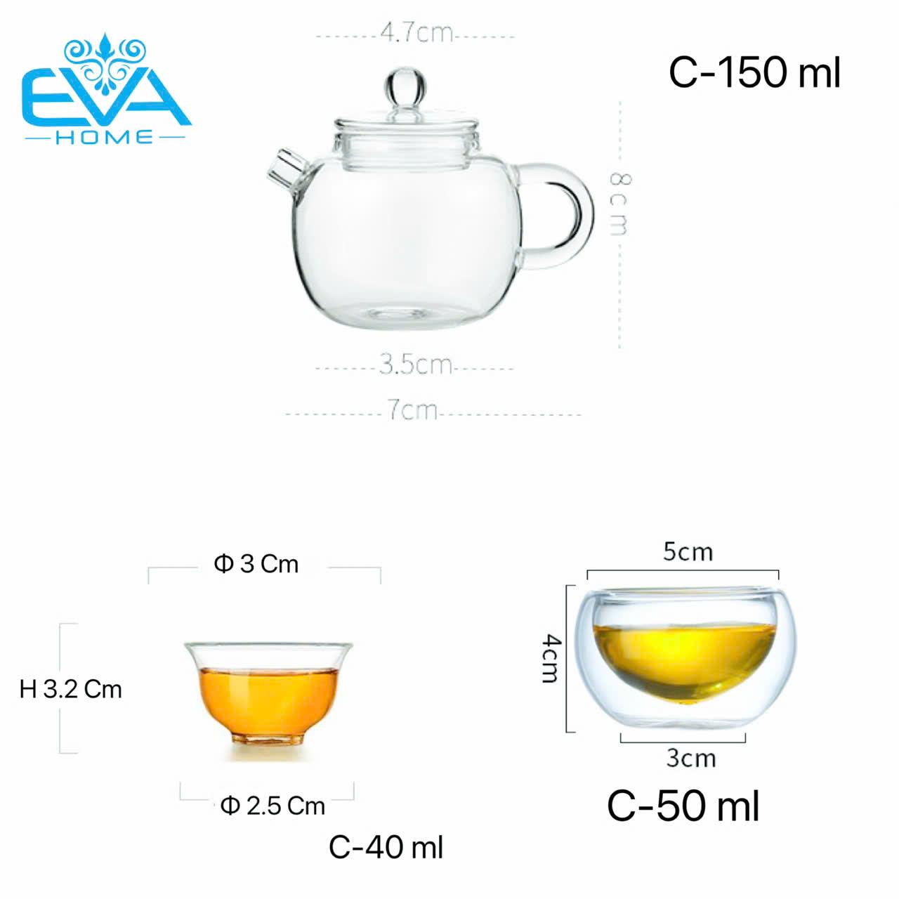 Bộ Ấm Pha Trà Mini Thuỷ Tinh Chịu Nhiệt Lõi Lọc Lưới Lò Xo Và 2 Chén Trà Cao Cấp Sang Trọng