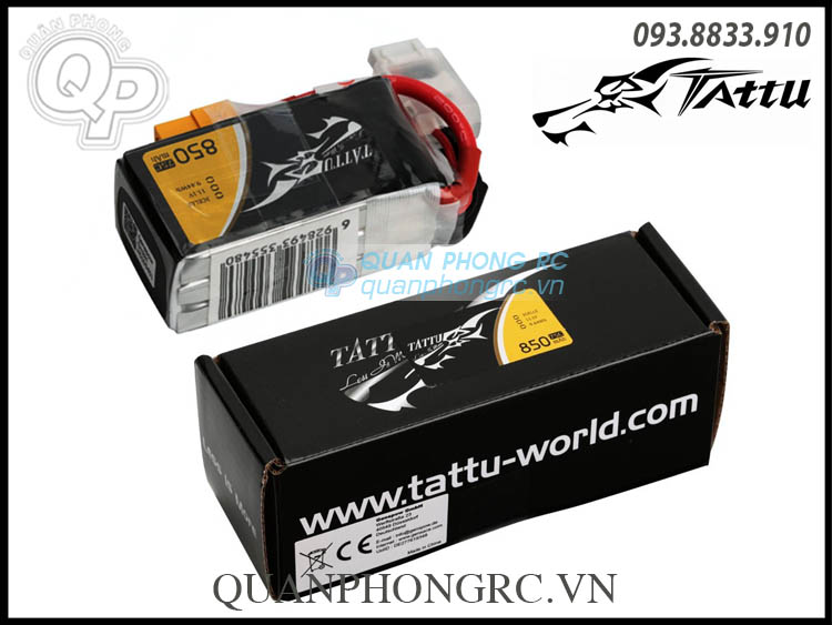 Pin Tattu 850mAh 3S 45C 11.1V LiPo Battery XT30 Plug