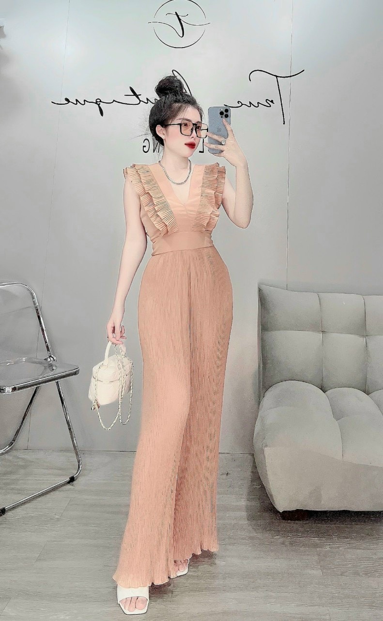Jum dập ly dài cổ V bèo chất voan lụa có lót 40 - 55kg