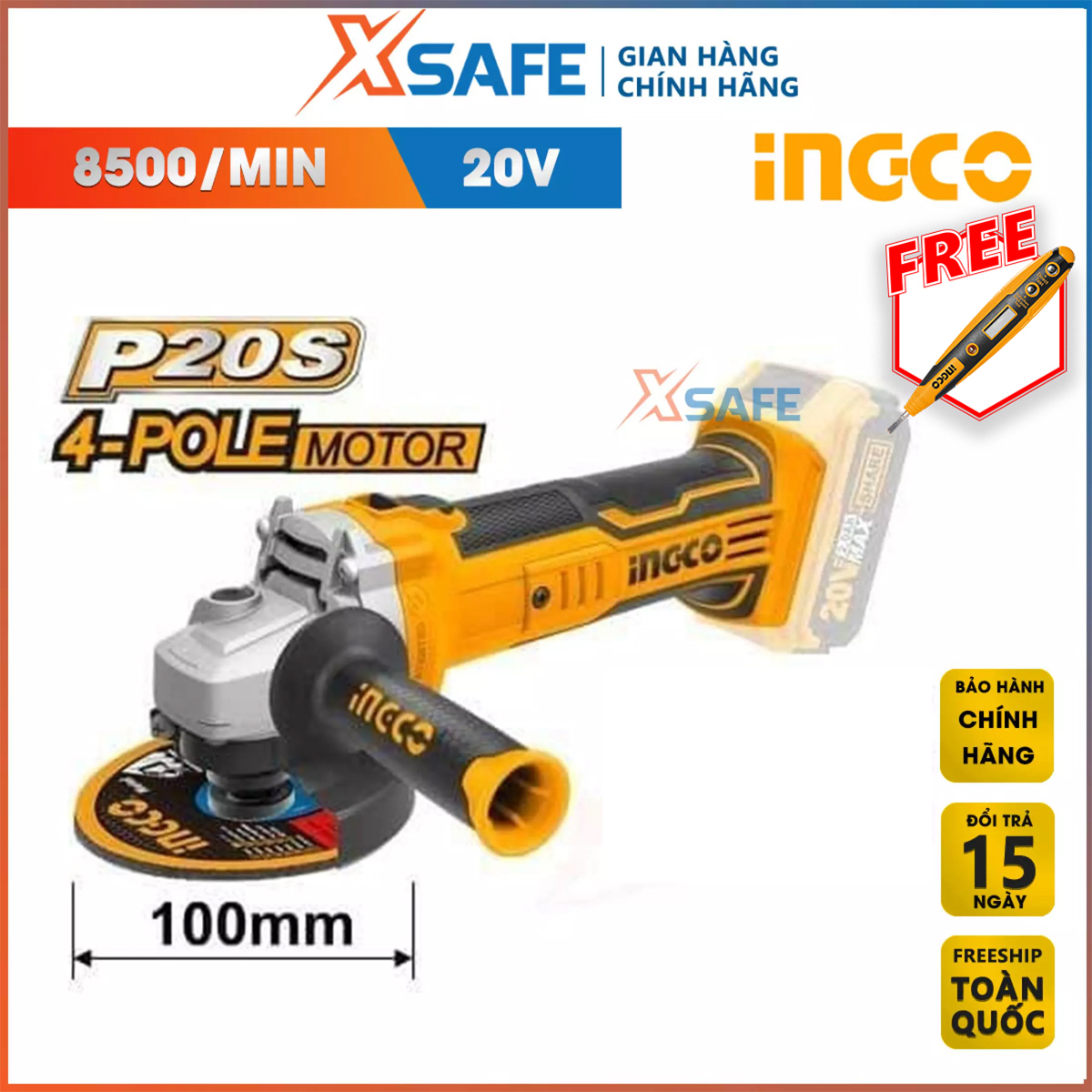 Angle grinder battery lithium-ion 20V ingco CAGLI1001 diameter grinding disc 100mm, spindle M10, (not included battery and charger) distribution genuine xsafe