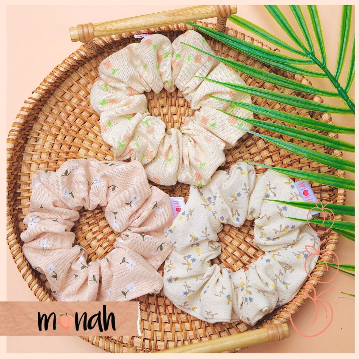 [HCM]Combo 3 cột tóc buộc tóc scrunchie hoa nhí màu beige cổ điển