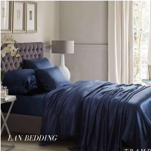 ( Lụa Loại 1) Bộ 5 Món Chăn Trần Bông Ga Gối Phi Lụa Màu Xanh Đen Cao Cấp Mềm Mại Lan Pham Bedding